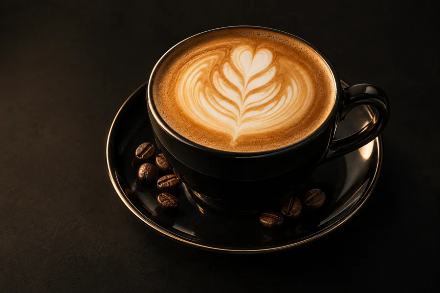 A freshly brewed coffee in a black ceramic cup